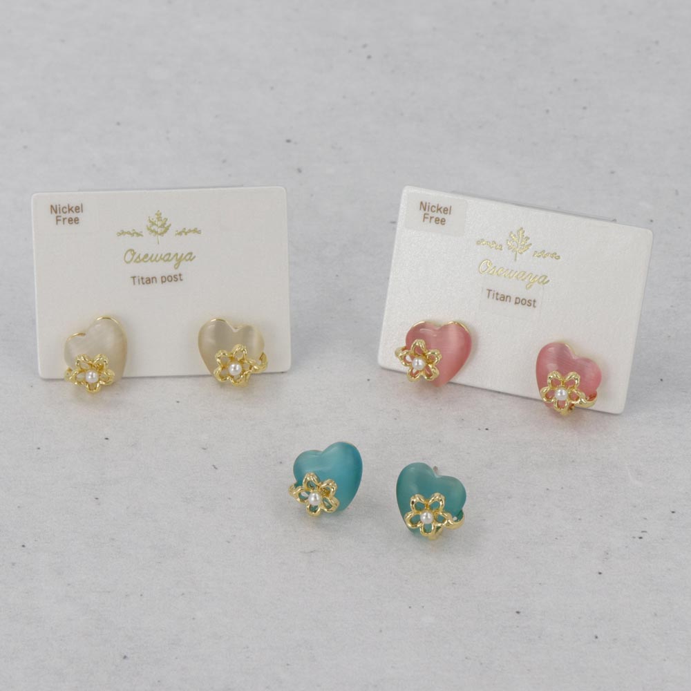 ピアス ニッケルフリー メタル 合成キャッツアイ ハート ミニ フラワー 花 パール チタンポスト スタッドピアス