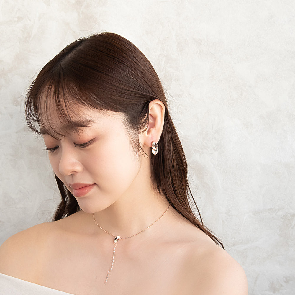 ピアス ニッケルフリー ロゼシルバー メタル ダブル ドロップ プレート パール チタンポスト ドロップピアス