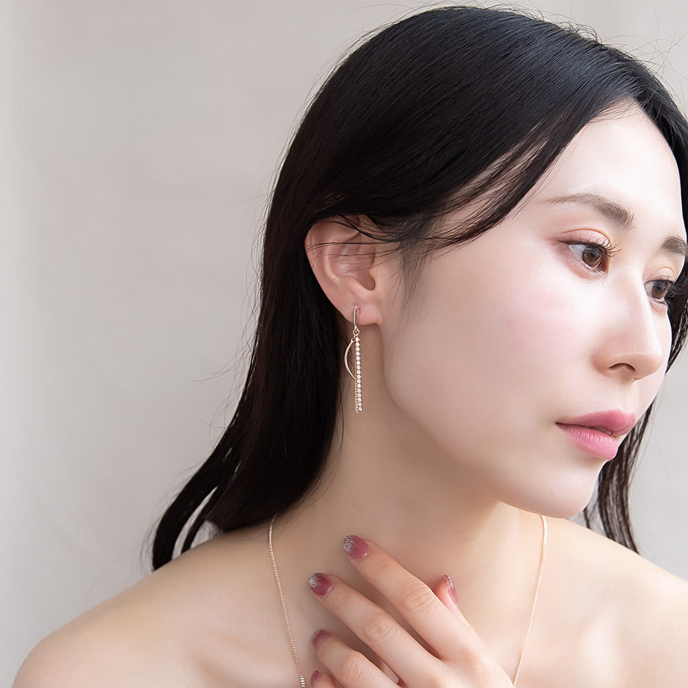ピアス ニッケルフリー ロゼシルバー メタル ステック ストーン 連爪 ウェーブ ライン キヘイチェーン チタンポスト ドロップピアス