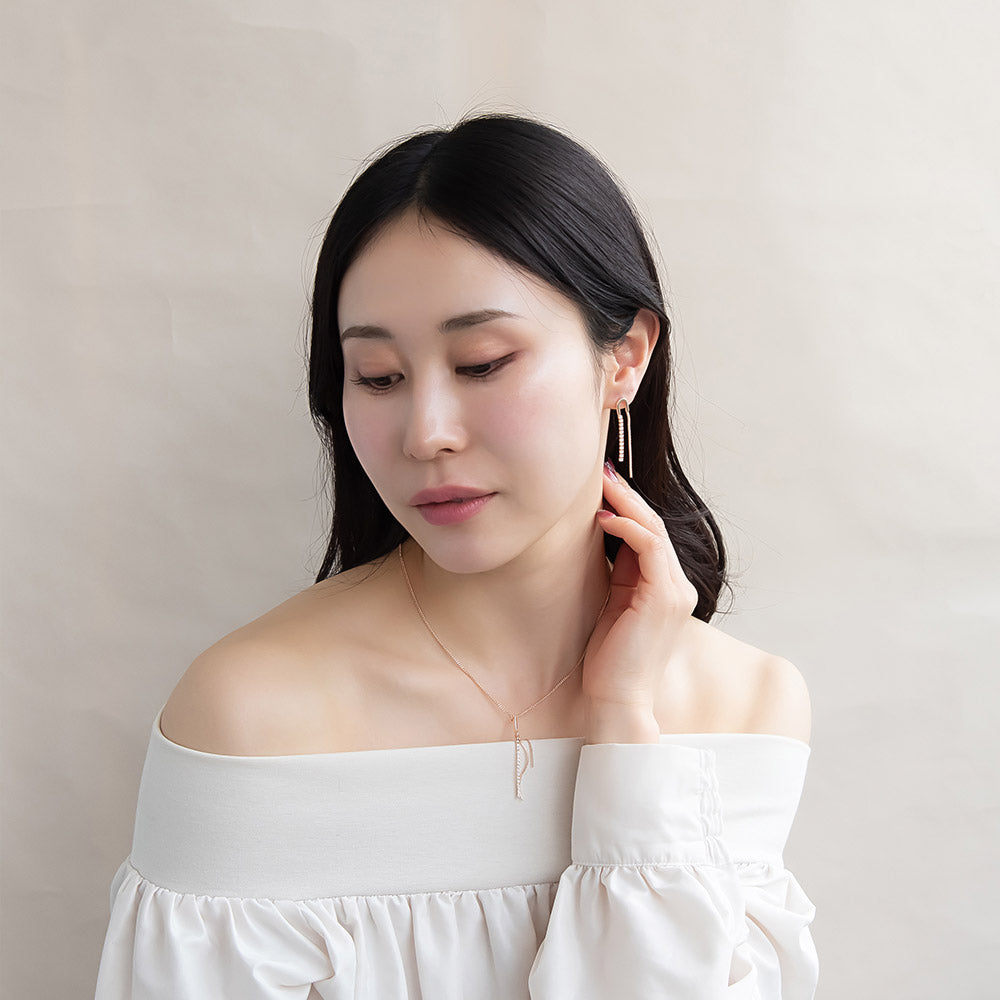 ピアス ニッケルフリー ロゼシルバー メタル U字 ストーン 連爪 チェーン ライン スイング チタンポスト ドロップピアス