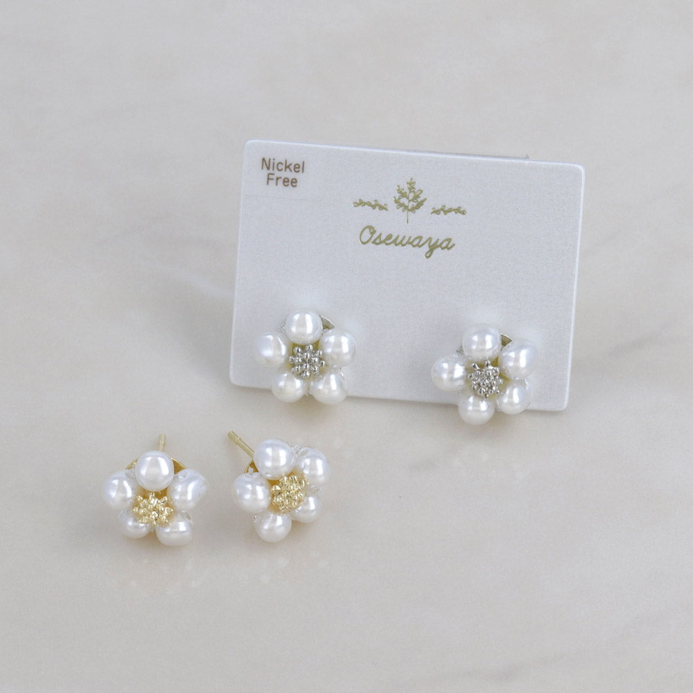 ピアス ニッケルフリー メタル ミニ フラワー 花 パール ステンレスポスト スタッドピアス