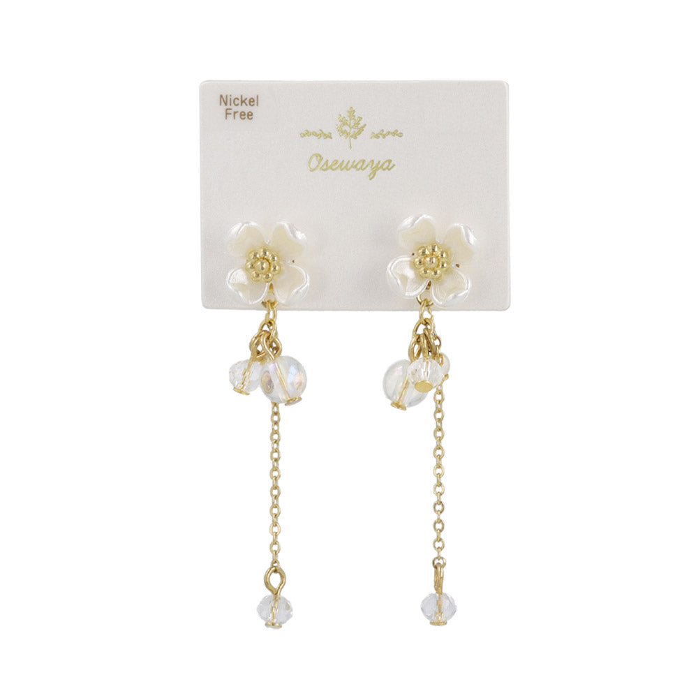 ピアス ニッケルフリー メタル フラワー 花 パール クリア ビーズ チェーン 下がり ステンレスポスト スタッドピアス