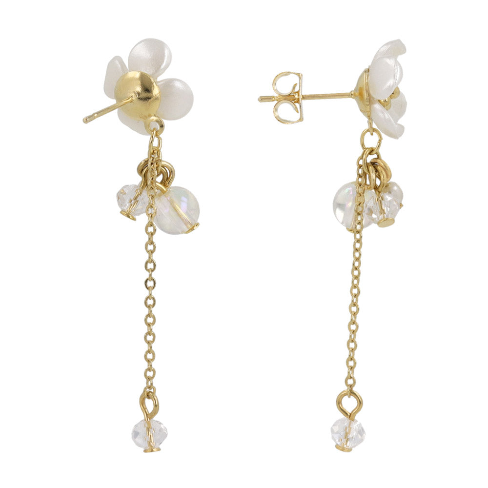 ピアス ニッケルフリー メタル フラワー 花 パール クリア ビーズ チェーン 下がり ステンレスポスト スタッドピアス