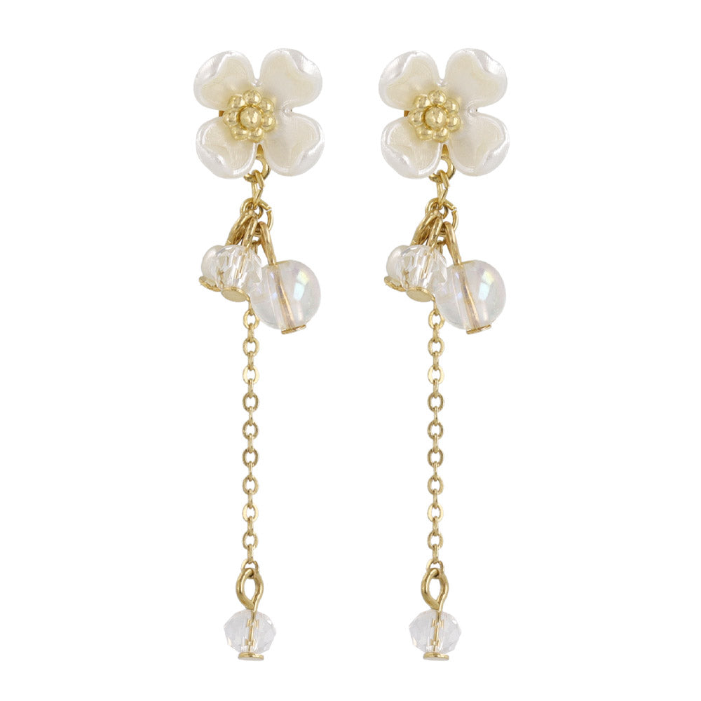 ピアス ニッケルフリー メタル フラワー 花 パール クリア ビーズ チェーン 下がり ステンレスポスト スタッドピアス