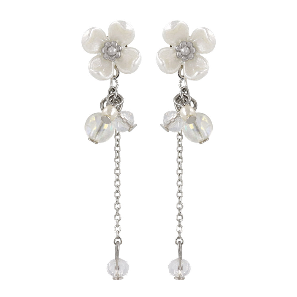 ピアス ニッケルフリー メタル フラワー 花 パール クリア ビーズ チェーン 下がり ステンレスポスト スタッドピアス