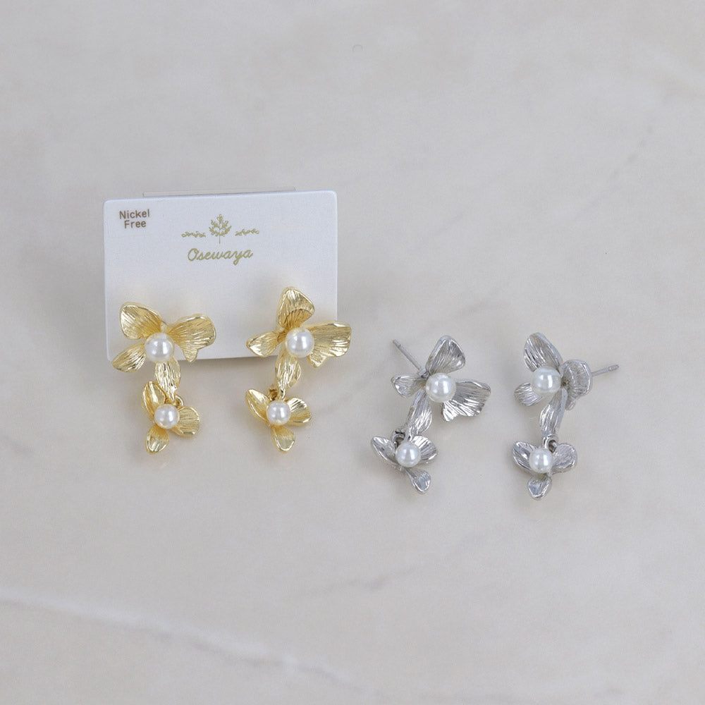 ピアス ニッケルフリー メタル パール フラワー 花 ダブル ステンレスポスト ドロップピアス