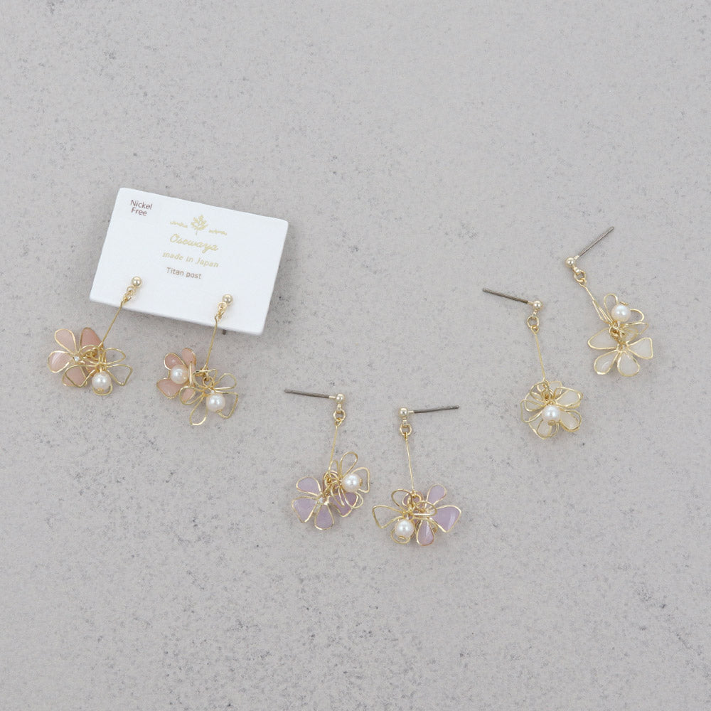 ピアス ニッケルフリー メタル ダブル フラワー 花 立体 ワイヤー パール パステルカラー チタンポスト スタッドピアス