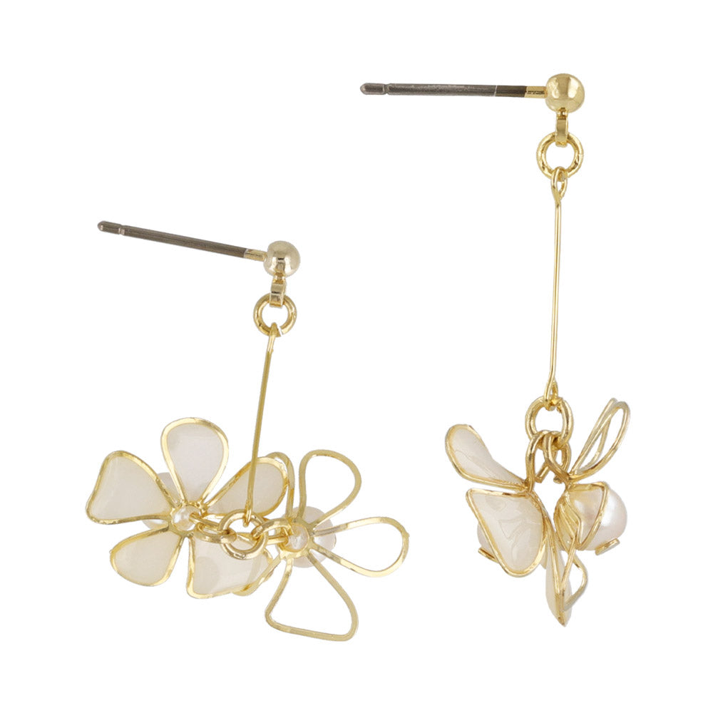 ピアス ニッケルフリー メタル ダブル フラワー 花 立体 ワイヤー パール パステルカラー チタンポスト スタッドピアス