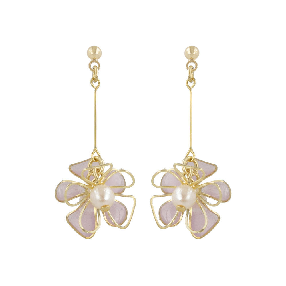 ピアス ニッケルフリー メタル ダブル フラワー 花 立体 ワイヤー パール パステルカラー チタンポスト スタッドピアス