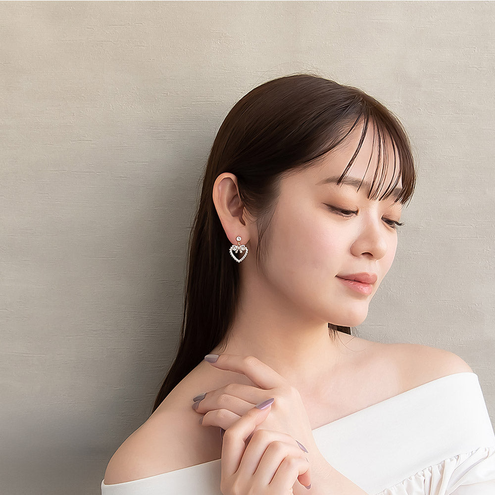 ピアス ニッケルフリー メタル キュービックジルコニア リボン ハート ステンレスポスト スタッドピアス