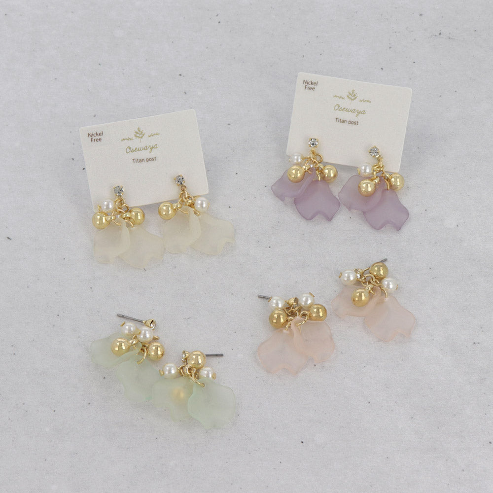 ピアス ニッケルフリー メタル 花びら カラー ストーン パール ビーズ チタンポスト ドロップピアス