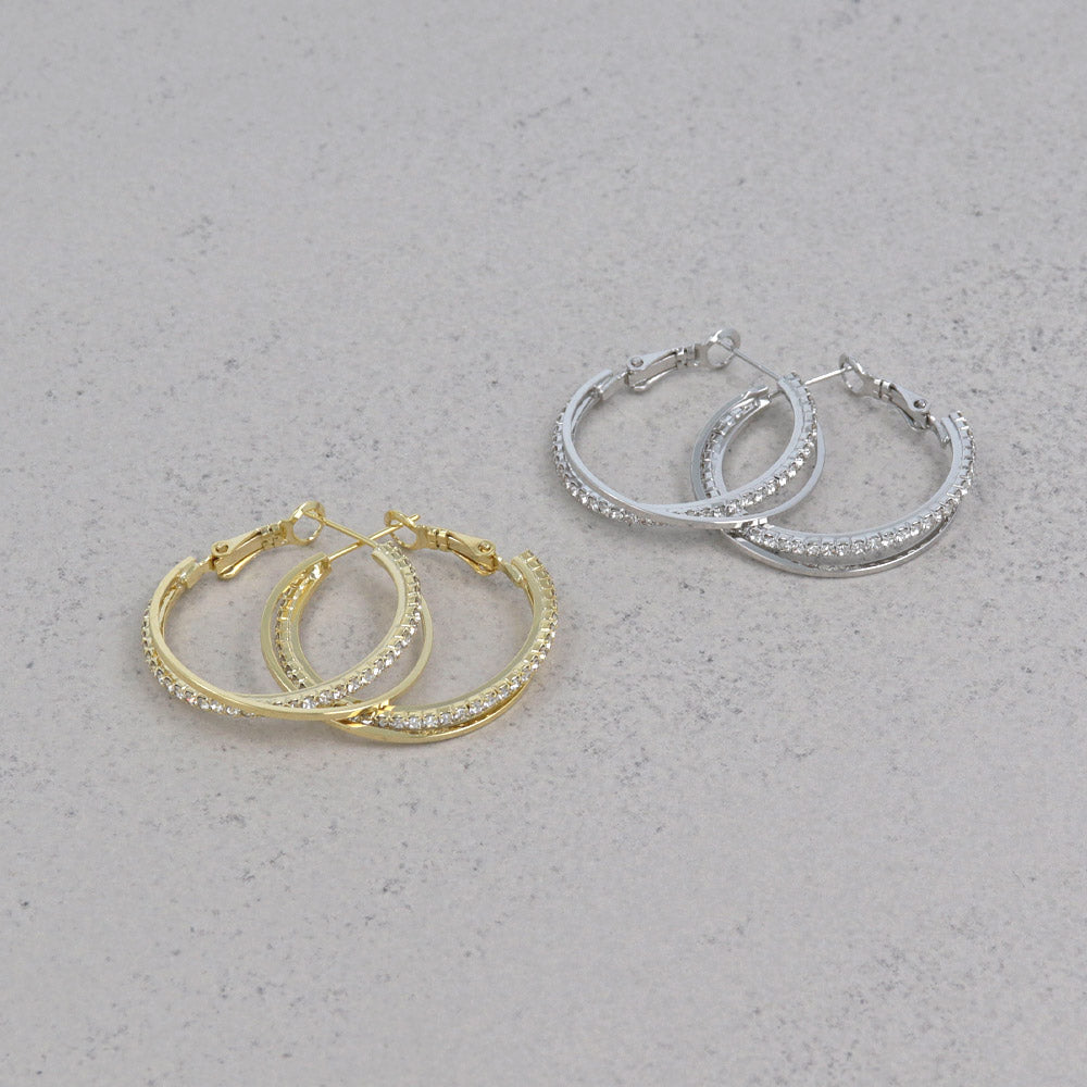 ピアス ニッケルフリー メタル ミニ ストーン スリム クロス ライン フープピアス