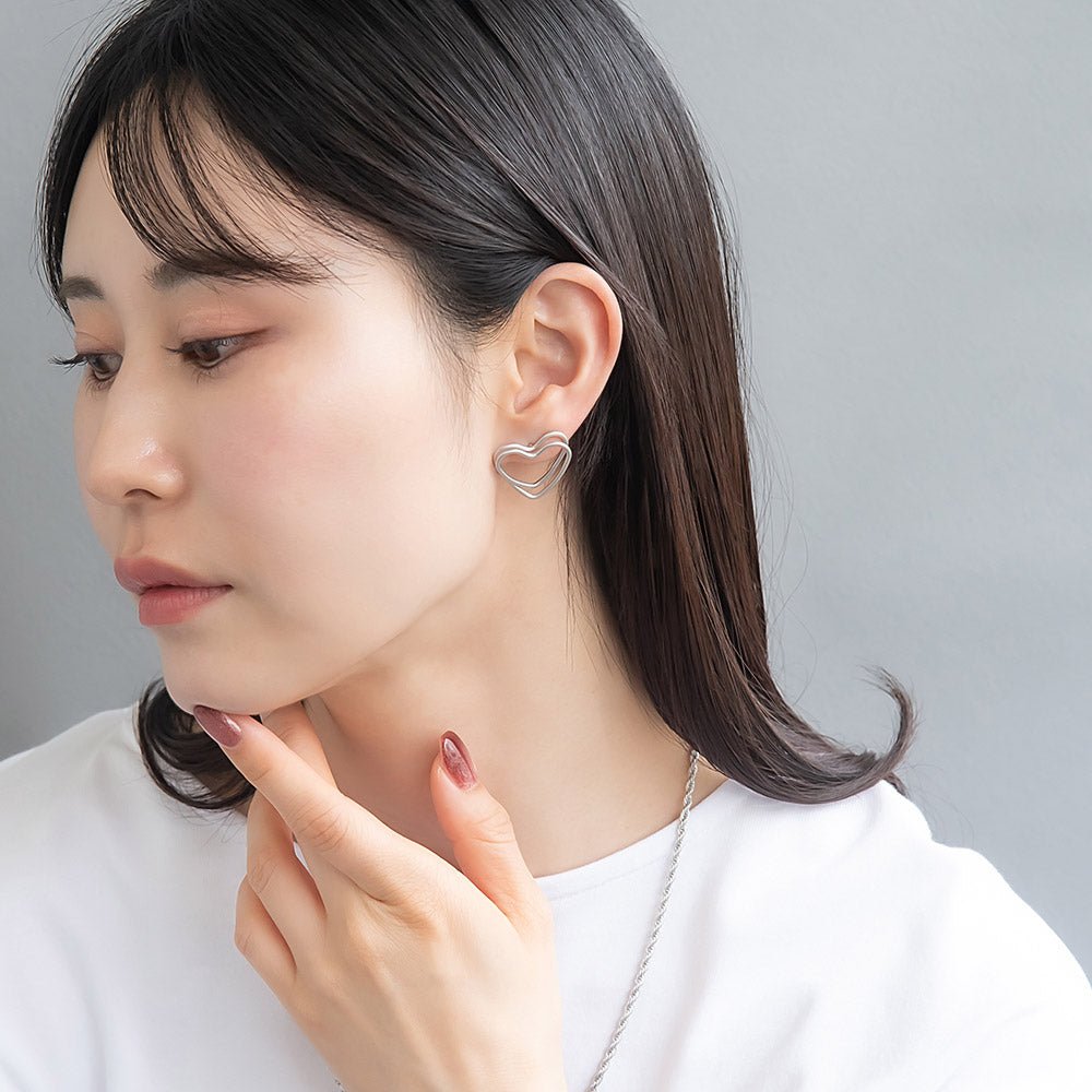 ピアス ニッケルフリー sable silver メタル ダブル ライン ハート スタッドピアス