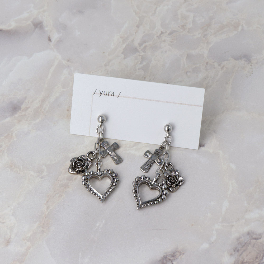 ピアス yura ニッケルフリー メタル ハート クロス バラ オーバルチェーン チタンポスト スタッドピアス