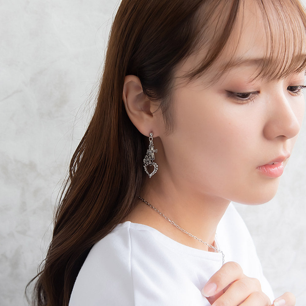 ピアス yura ニッケルフリー メタル ハート クロス バラ オーバルチェーン チタンポスト スタッドピアス