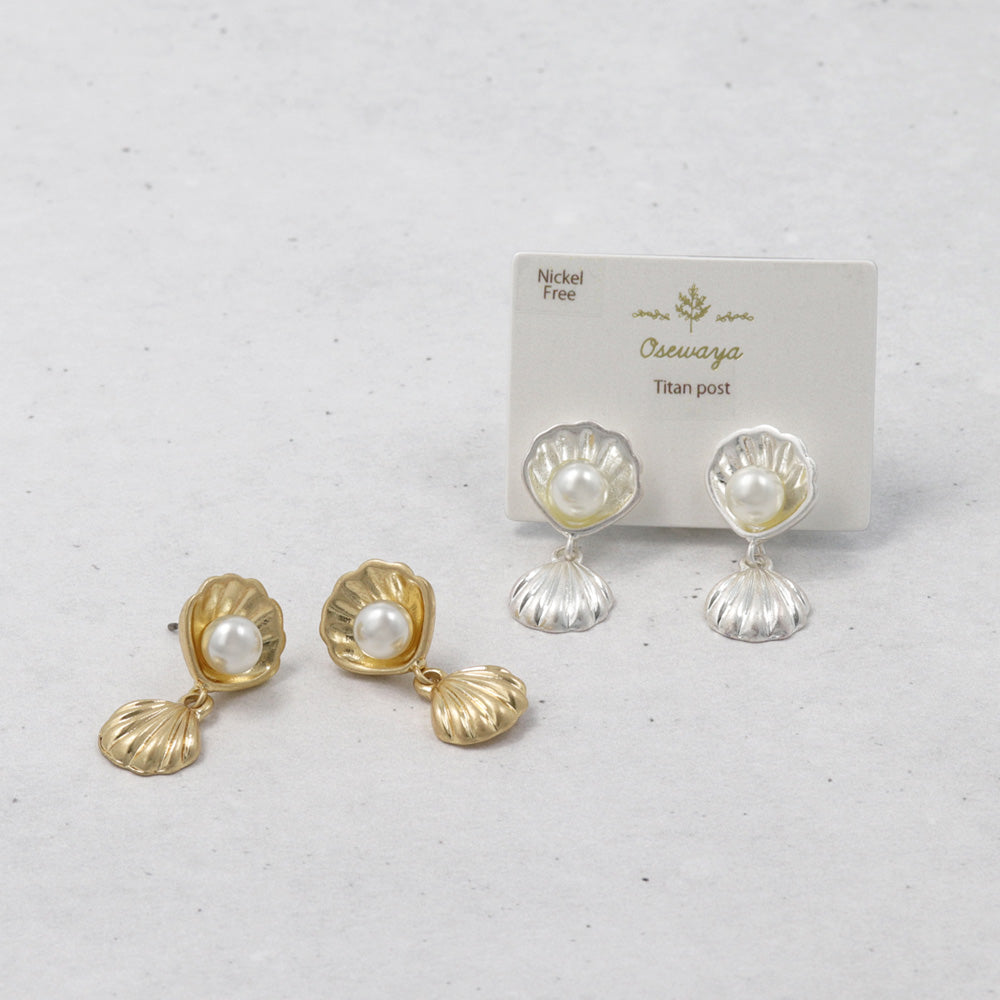 ピアス ニッケルフリー メタル シェル パール チタンポスト スタッドピアス