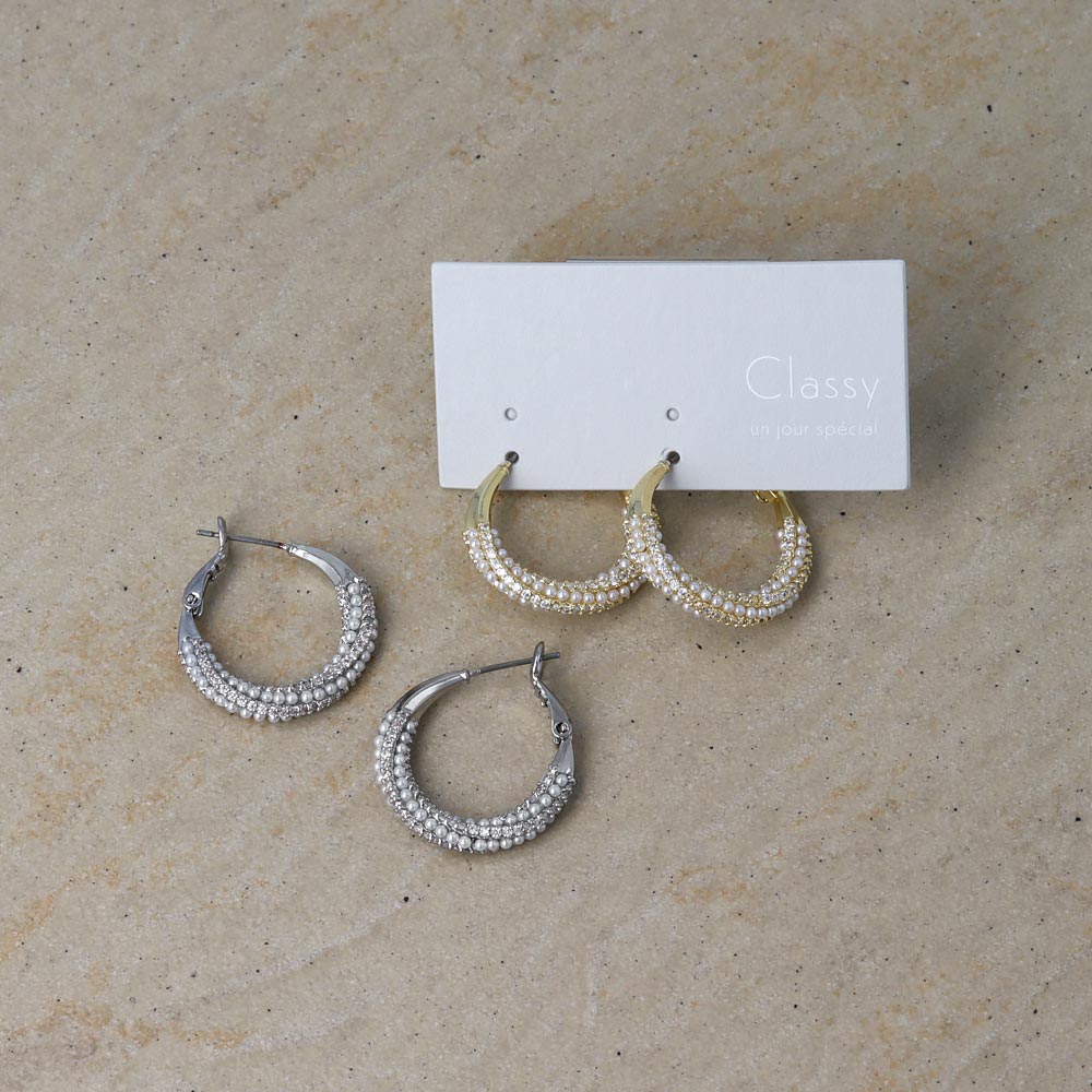 Classy ピアス ニッケルフリー メタル ミニ キュービックジルコニア パール ツイスト チタンポスト フープピアス