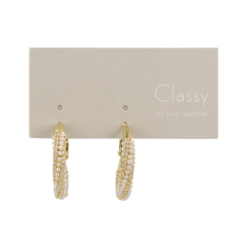 Classy ピアス ニッケルフリー メタル ミニ キュービックジルコニア パール ツイスト チタンポスト フープピアス