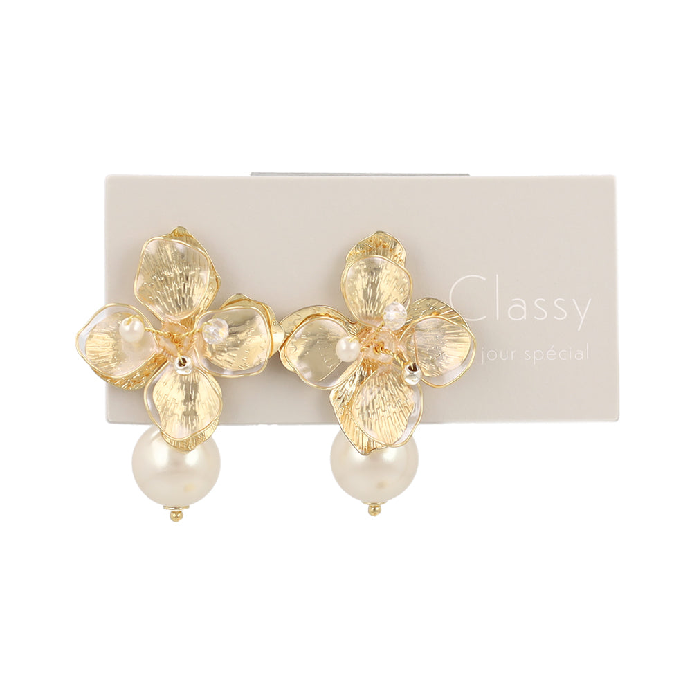 Classy ピアス ニッケルフリー メタル ワイヤー フラワー 半透明 パール ビーズ チタンポスト バックキャッチ スタッドピアス