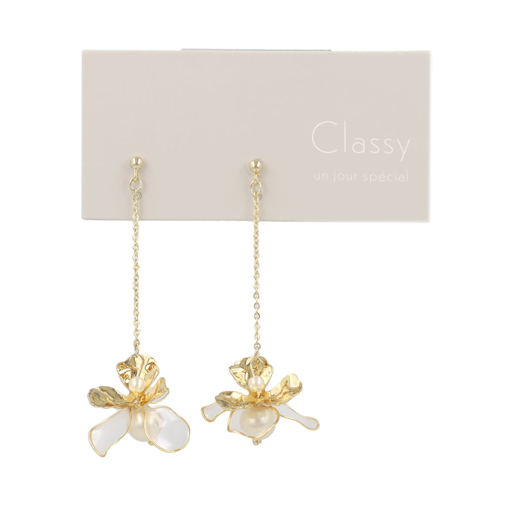 Classy ピアス ニッケルフリー メタル ワイヤー フラワー 半透明 パール チェーン 下がり チタンポスト スタッドピアス