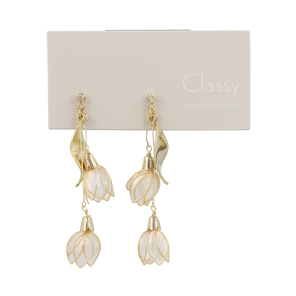 Classy ピアス ニッケルフリー メタル ワイヤー フラワー ダブル 半透明 リーフ 下がり チタンポスト スタッドピアス
