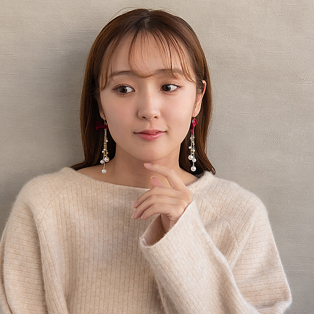 ピアス ベロア リボン パール メタルビーズ ロング チェーン サージカルステンレスポスト フックピアス