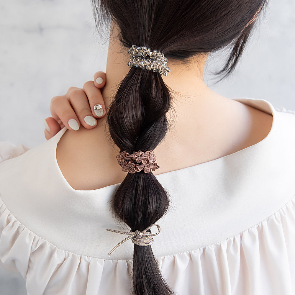 ヘアゴム Candy Arrange ビーズ ノット リボン ラメ 2連 フリル レース風 カラー 3本セット リングゴム ヘアポニー