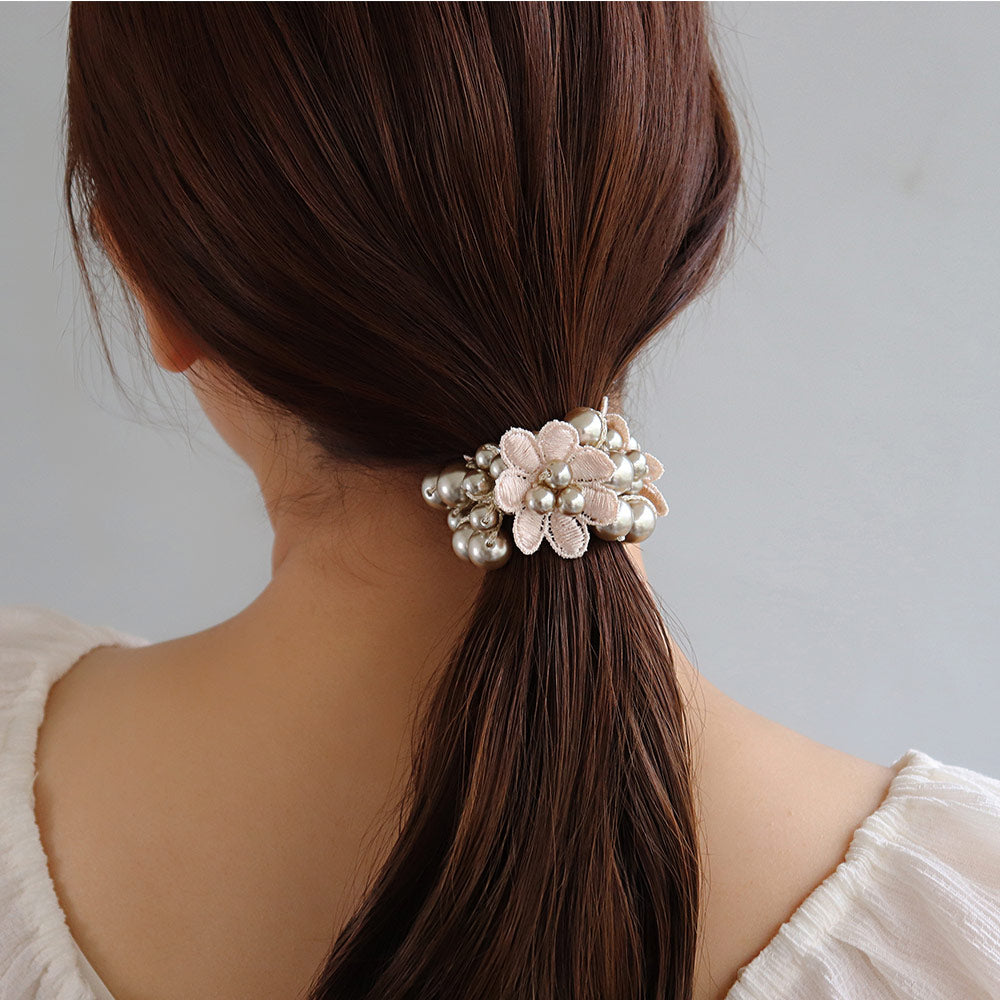 ヘアゴム トリプル フラワー 花 カラー パール バブル ブレスポニー ヘアポニー