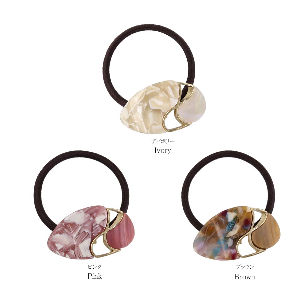 ヘアゴム tsukekae pony オーバル メタル クロス ライン 透かし マーブル カラー ヘアゴム2本付き(ブラウン/ブラック)