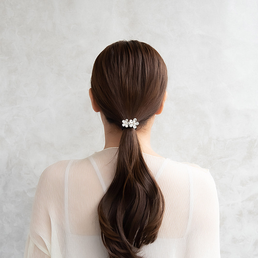 ヘアゴム ストーン クリア カラー フラワー 花 ダブル ビジュー メタル ヘアポニー