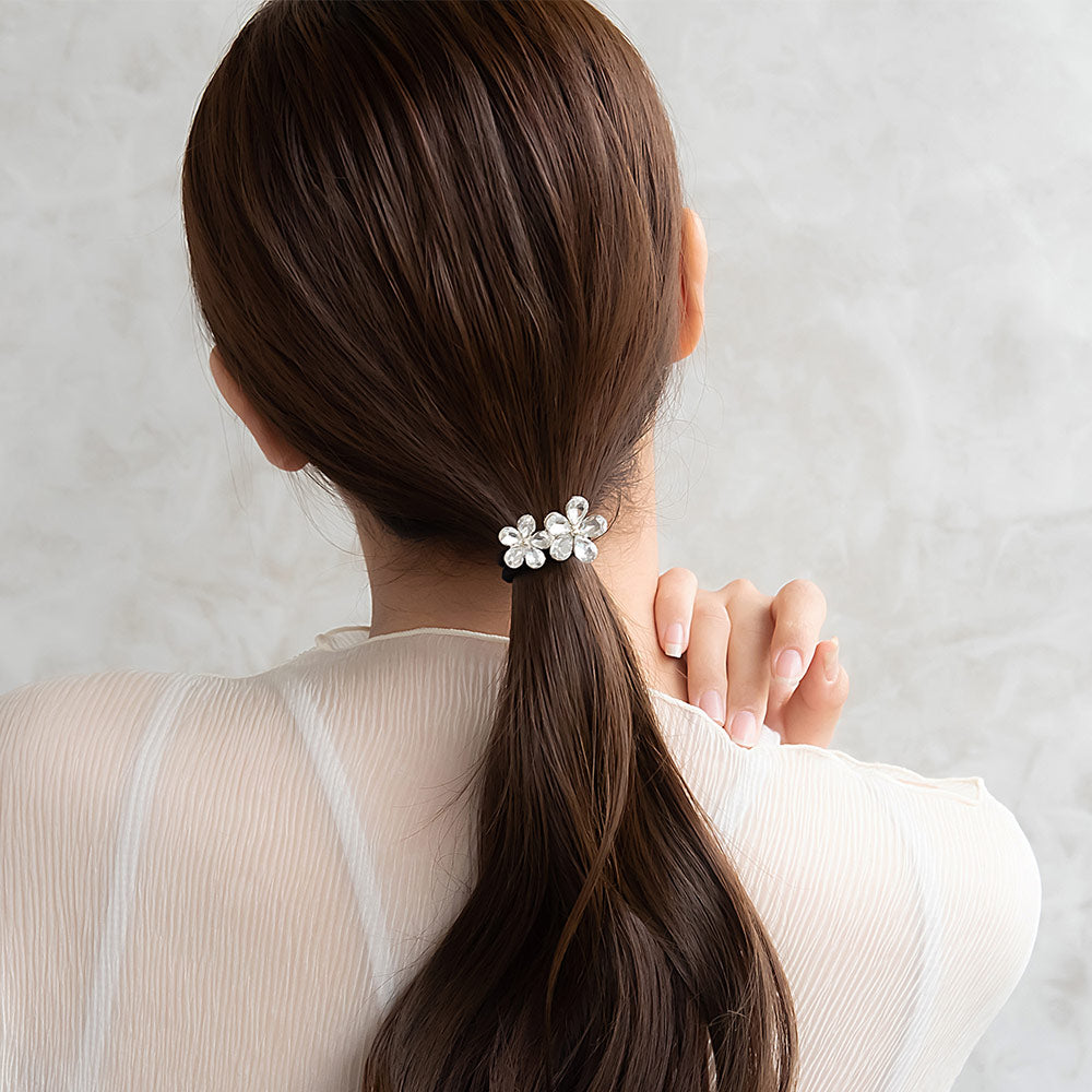 ヘアゴム ストーン クリア カラー フラワー 花 ダブル ビジュー メタル ヘアポニー