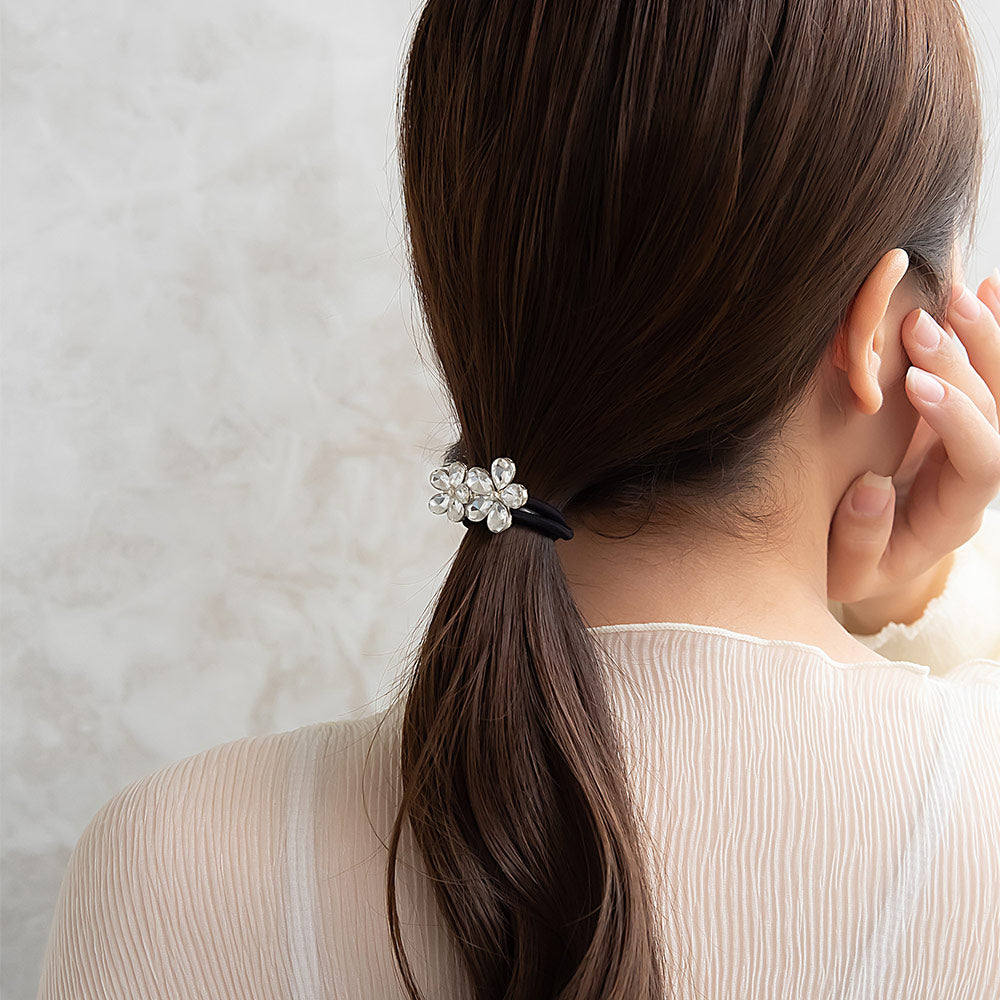 ヘアゴム ストーン クリア カラー フラワー 花 ダブル ビジュー メタル ヘアポニー