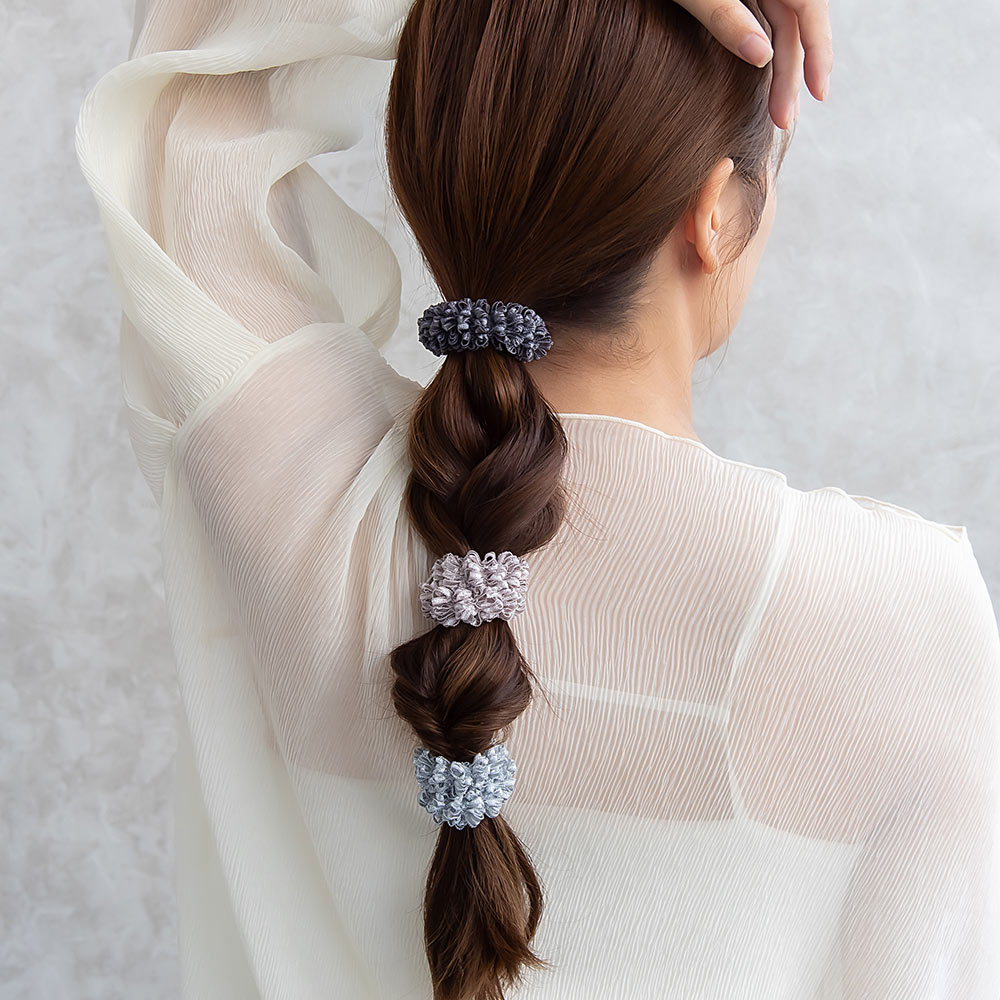 ヘアゴム ミニ リボン フリル ボリューム カラー 3本セット リングゴム ヘアポニー