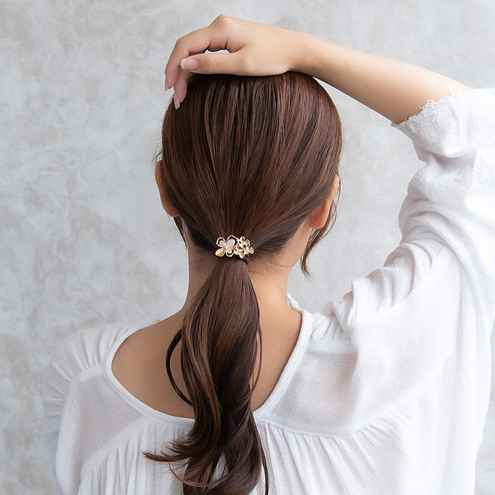 ヘアゴム ニッケルフリー メタル フラワー カラー ストーン パール ヘアポニー