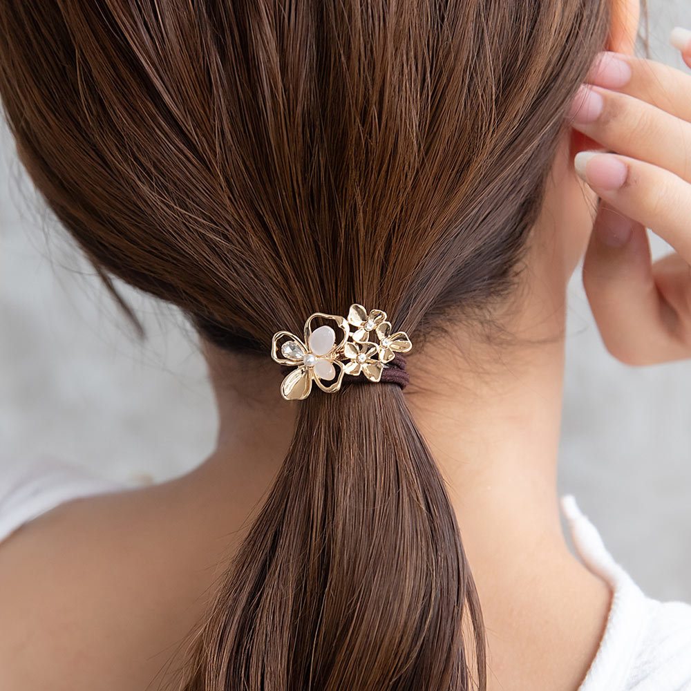 ヘアゴム ニッケルフリー メタル フラワー カラー ストーン パール ヘアポニー