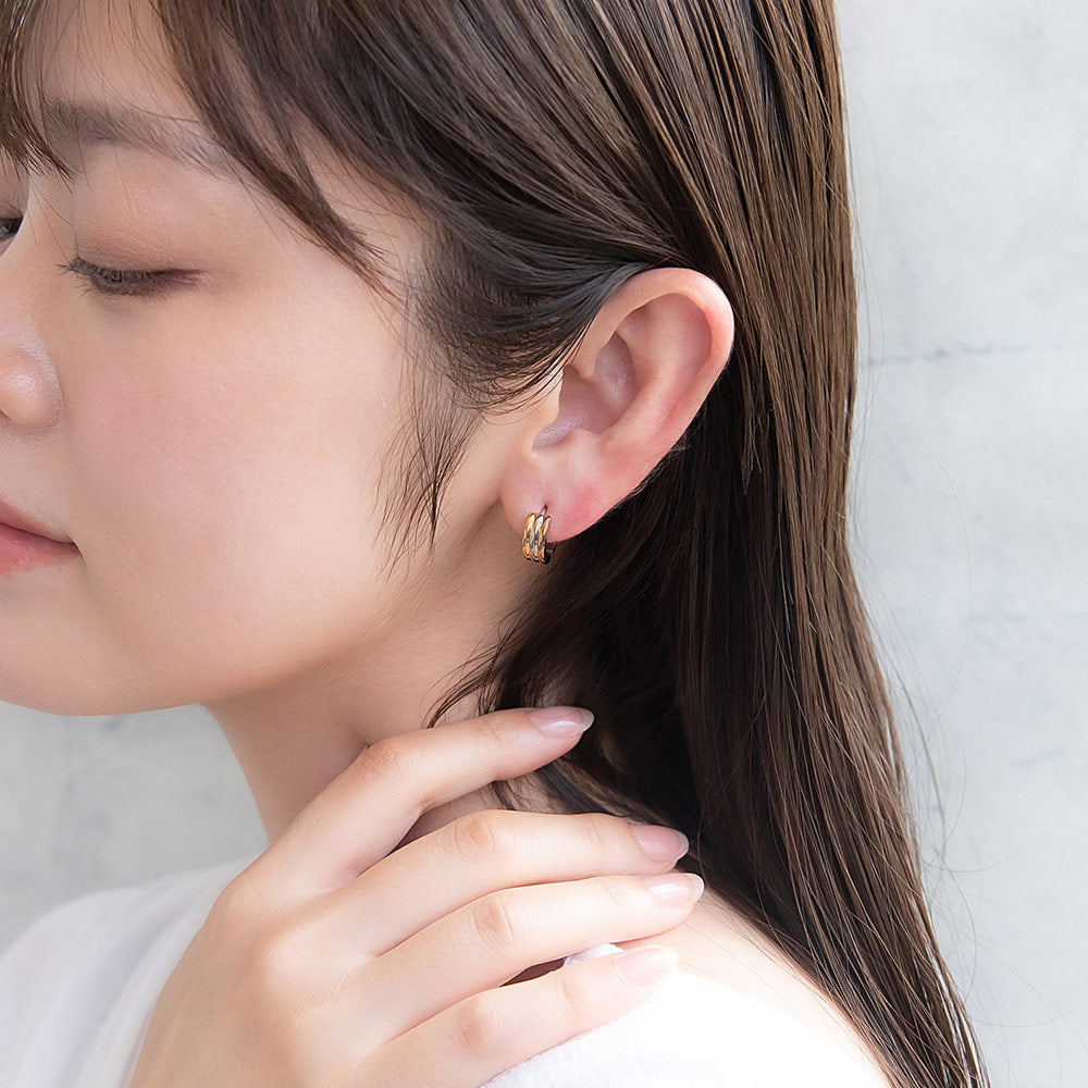 ピアス ステンレス カラー トリプル ライン ステンレスポスト ミニ ワンタッチ キャッチレス フープピアス