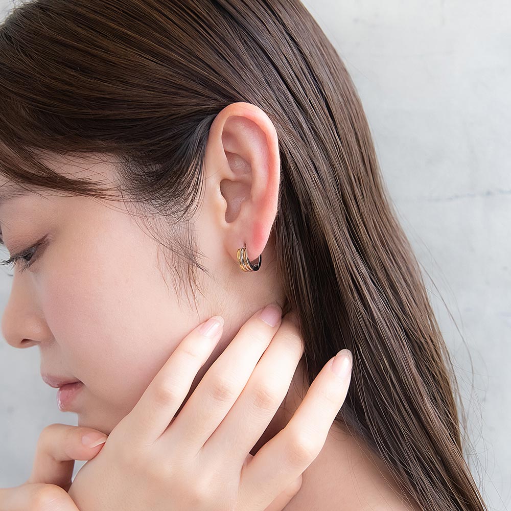 ピアス ステンレス カラー トリプル ライン ステンレスポスト ミニ ワンタッチ キャッチレス フープピアス