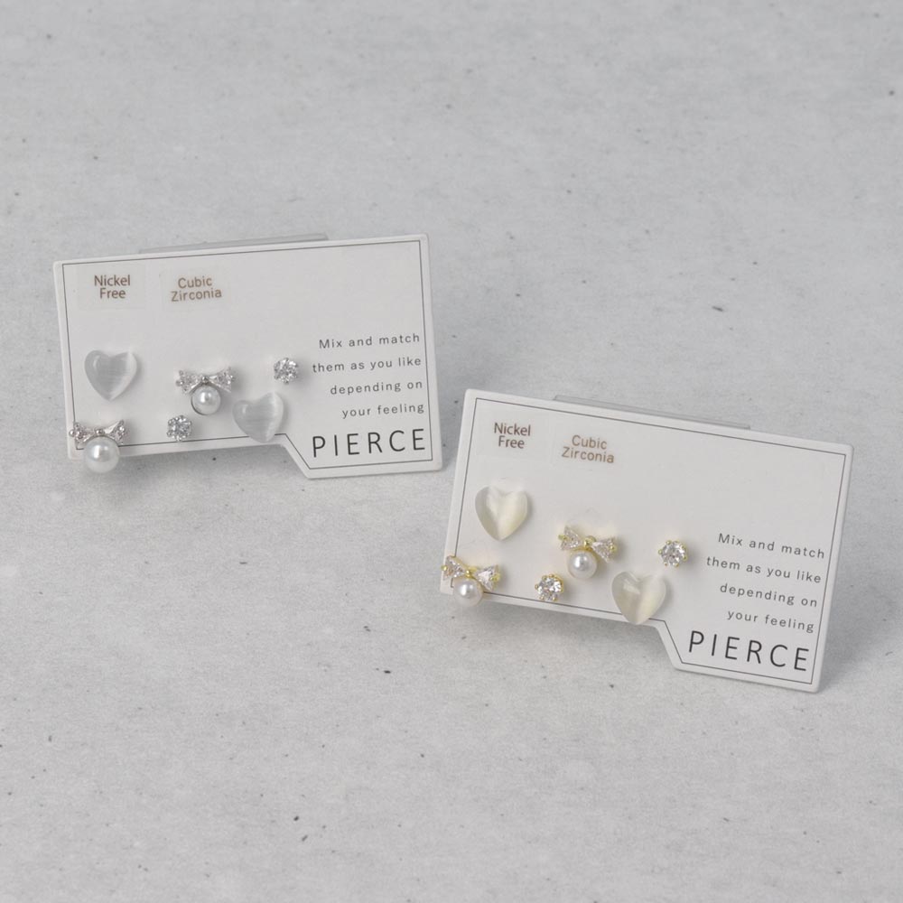 ピアス ニッケルフリー メタル キュービックジルコニア 合成キャッツアイ ハート リボン パール 6個セット シルバー925ポスト スタッドピアス