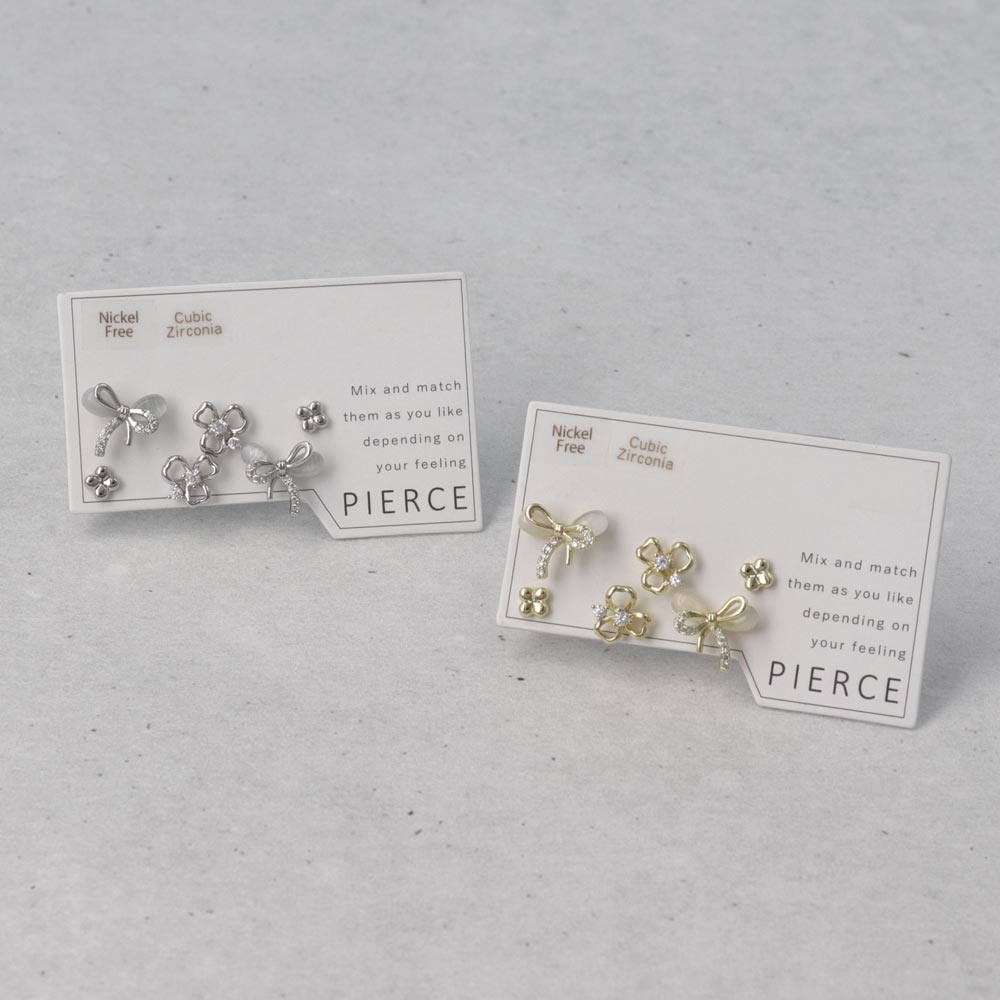 ピアス ニッケルフリー メタル キュービックジルコニア 合成キャッツアイ リボン クローバー 6個セット スタッドピアス