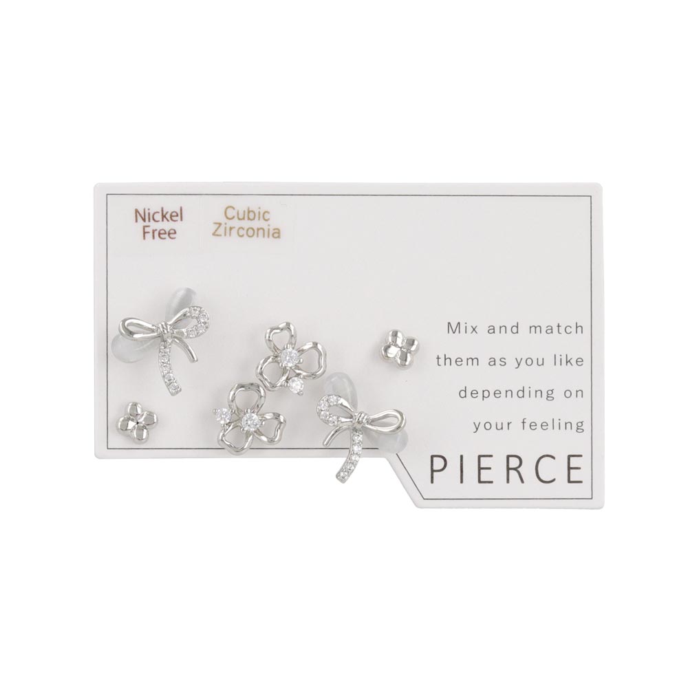 ピアス ニッケルフリー メタル キュービックジルコニア 合成キャッツアイ リボン クローバー 6個セット スタッドピアス