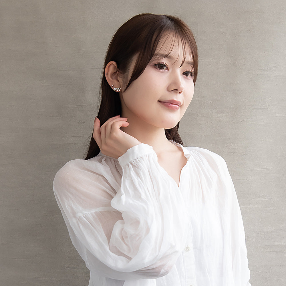 ピアス ニッケルフリー メタル リボン フラワー 釈迦玉ボール パール 6個セット チタンポスト スタッドピアス