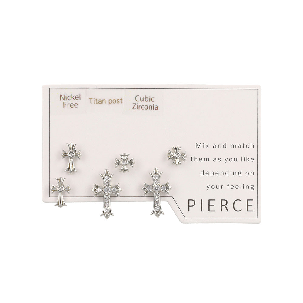 ピアス ニッケルフリー クロス キュービックジルコニア 6個セット チタンポスト スタッドピアス