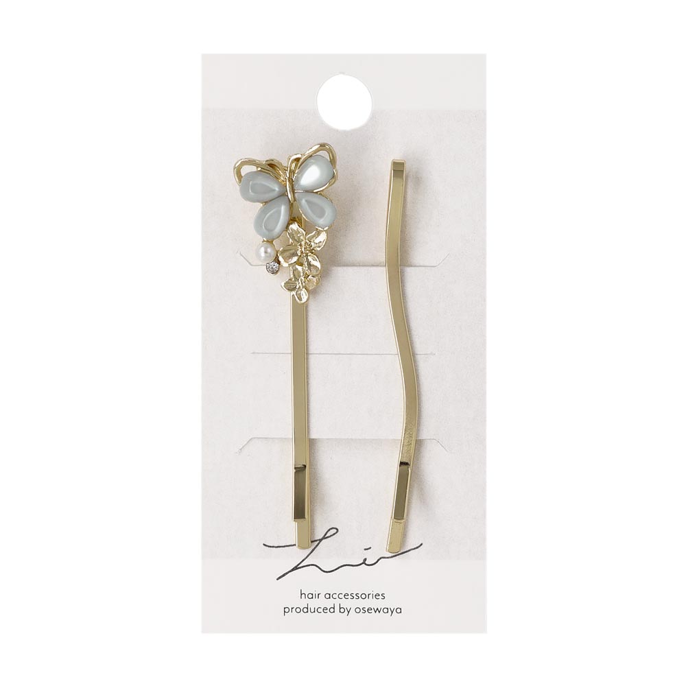 ヘアピン ニッケルフリー メタル バタフライ 蝶 フラワー 花 ストーン パール ウェーブ 2本セット アメピン