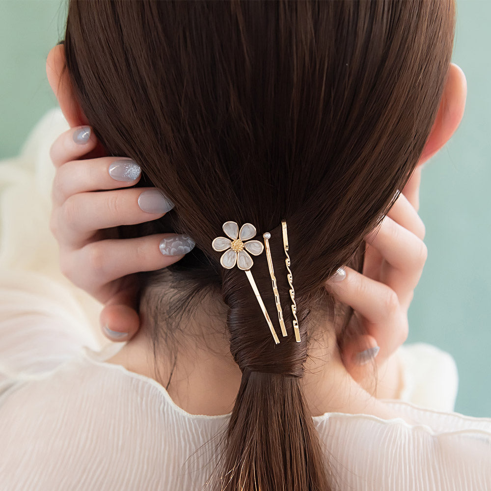 ヘアピン メタル フラワー 花 マーブル エポ ミニ パール ツイスト 3本セット アメピン