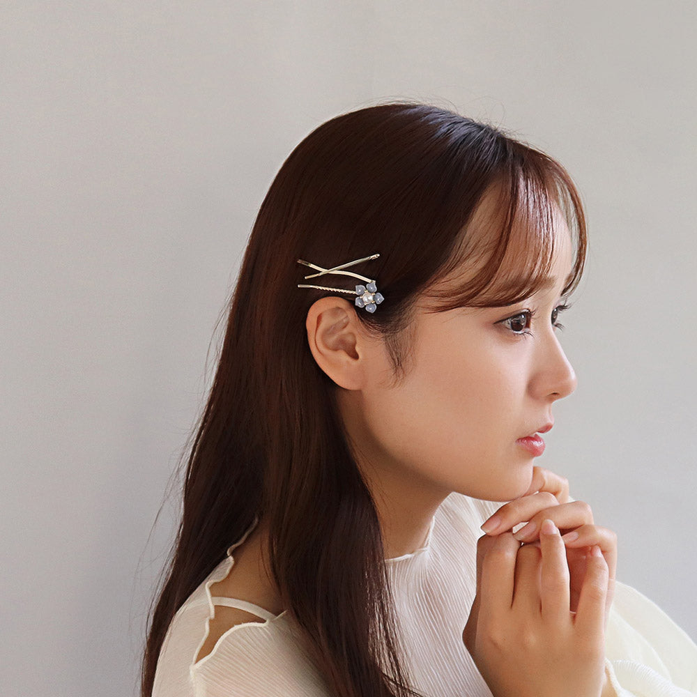 ヘアピン フラワー 花 パール カラー メタル ライン ウェーブ 3本セット アメピン