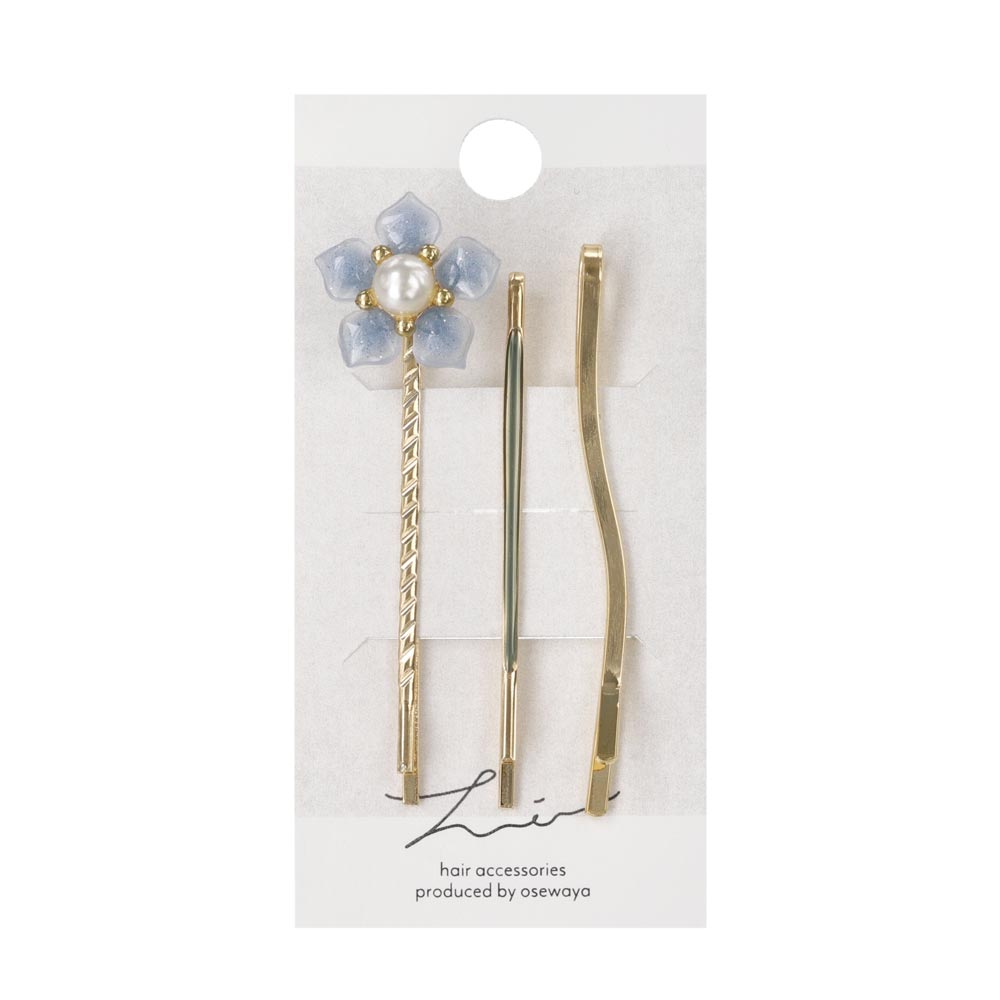 ヘアピン フラワー 花 パール カラー メタル ライン ウェーブ 3本セット アメピン
