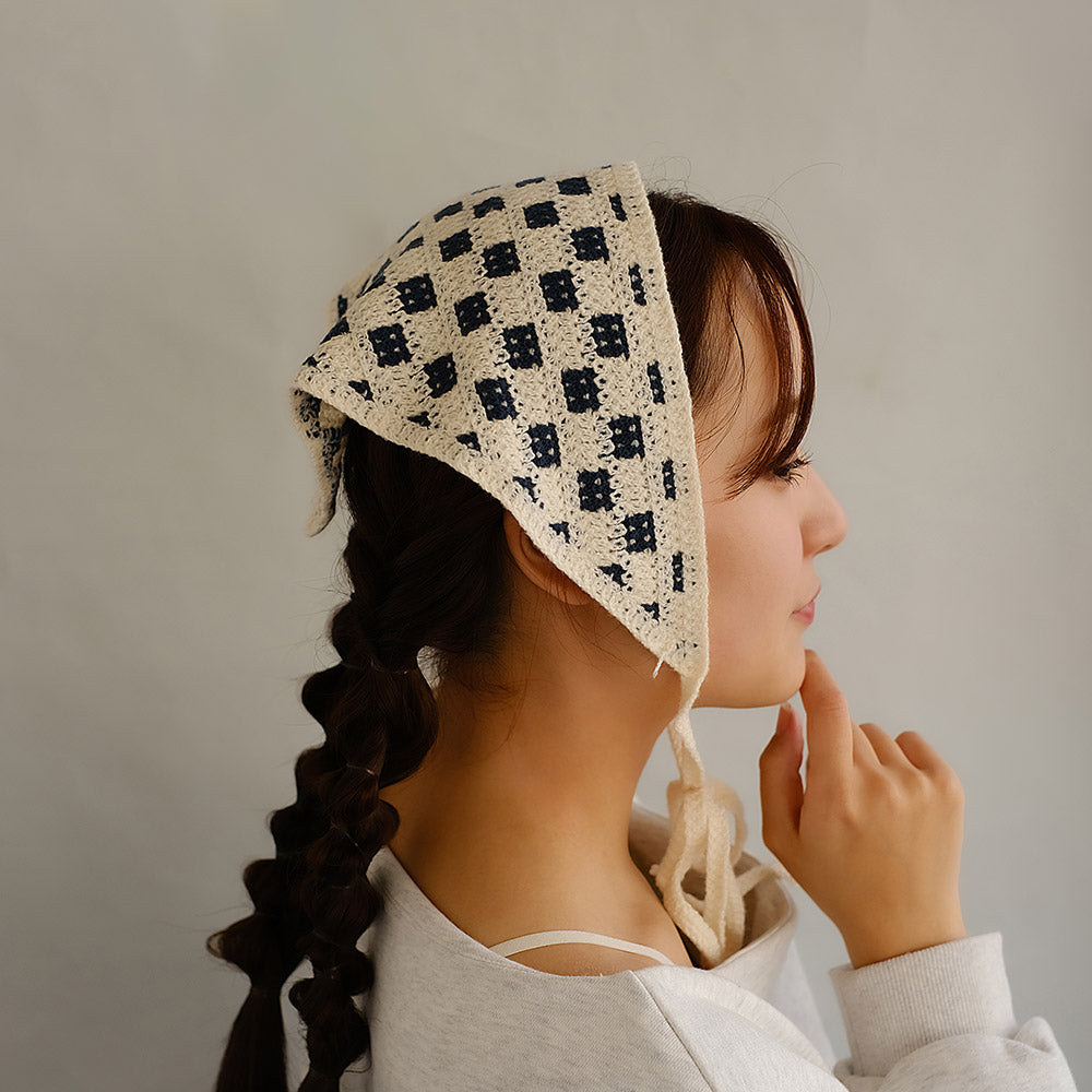 ヘッドドレス チェック 柄 クロシェ編み かぎ編み ヘッドスカーフ バブーシュカ
