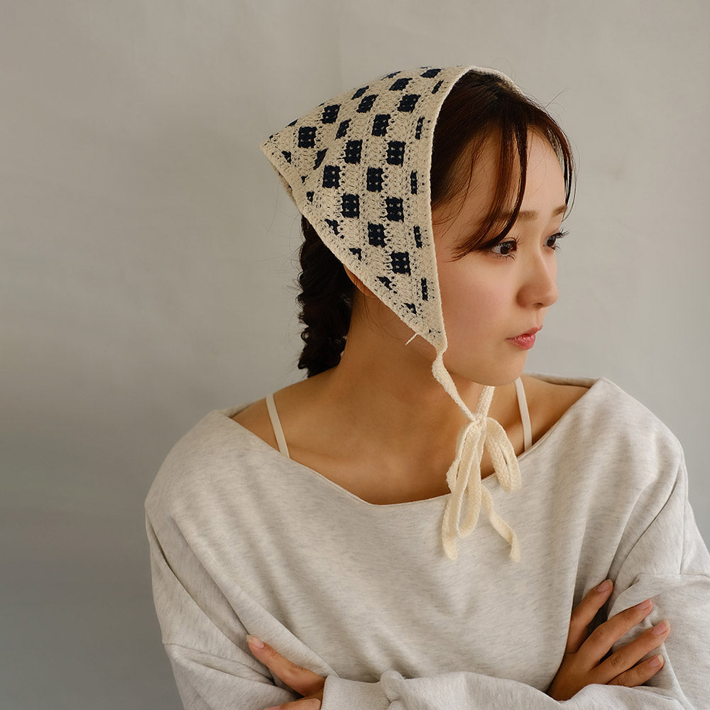 ヘッドドレス チェック 柄 クロシェ編み かぎ編み ヘッドスカーフ バブーシュカ