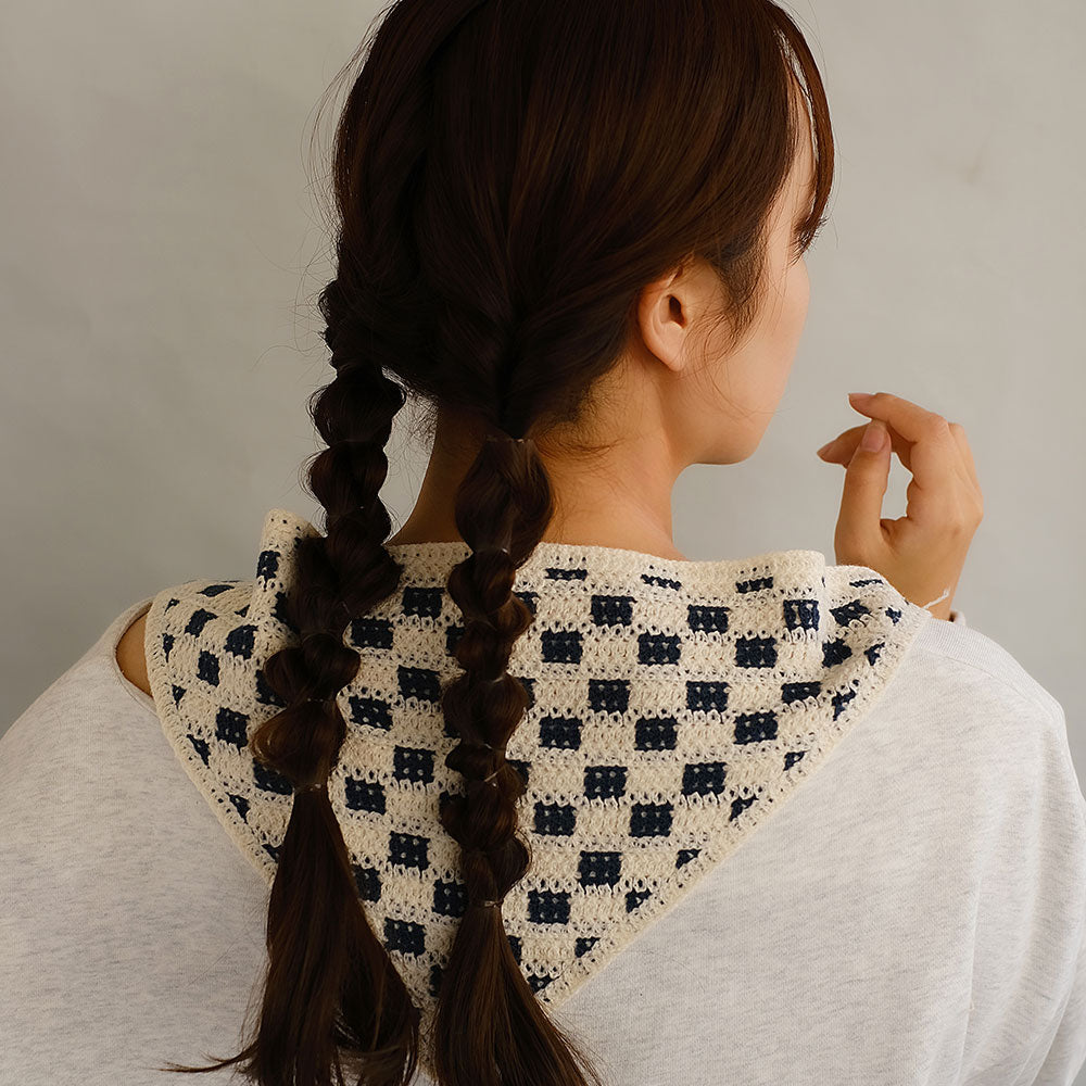 ヘッドドレス チェック 柄 クロシェ編み かぎ編み ヘッドスカーフ バブーシュカ