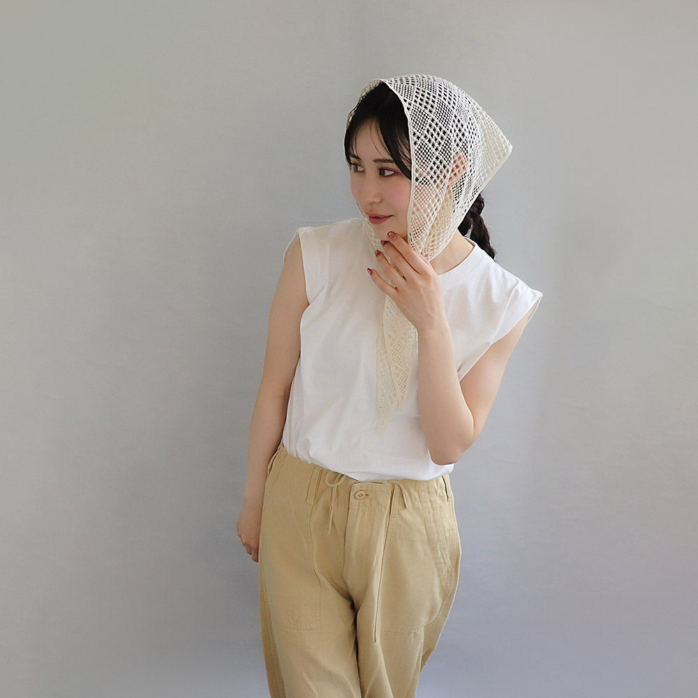 ヘッドスカーフ クロスライン ブロック 柄 レース かぎ編み シアー バブーシュカ